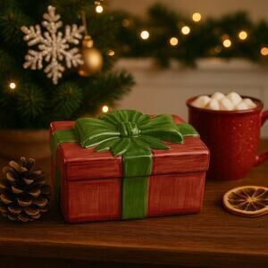 Block Father Christmas Ceramic Gift Box Dish 1996 Hand Painted Red Green